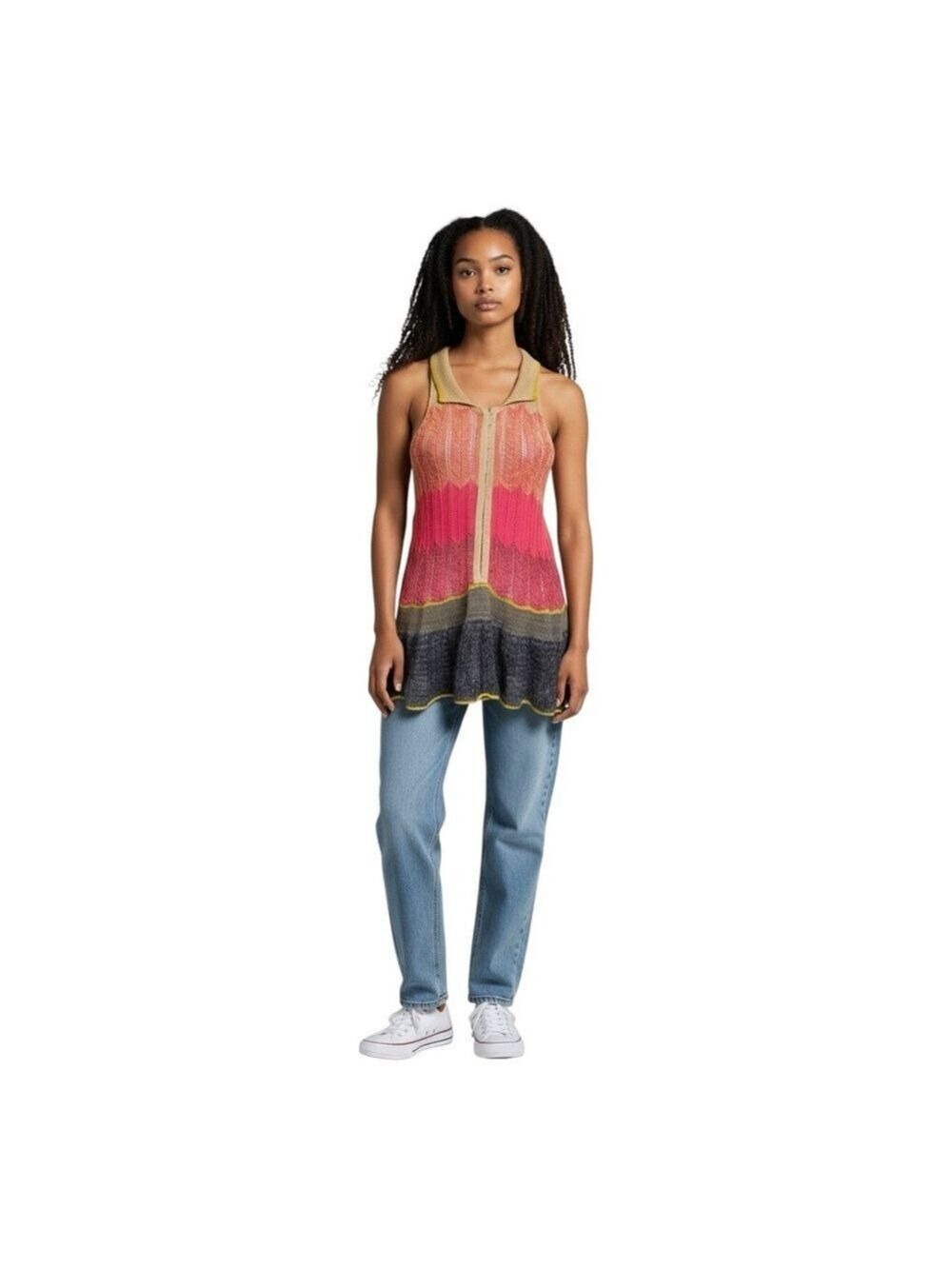 Free People Sleeveless Peplum Polo Sweater Racerback Blue Combo Size Medium